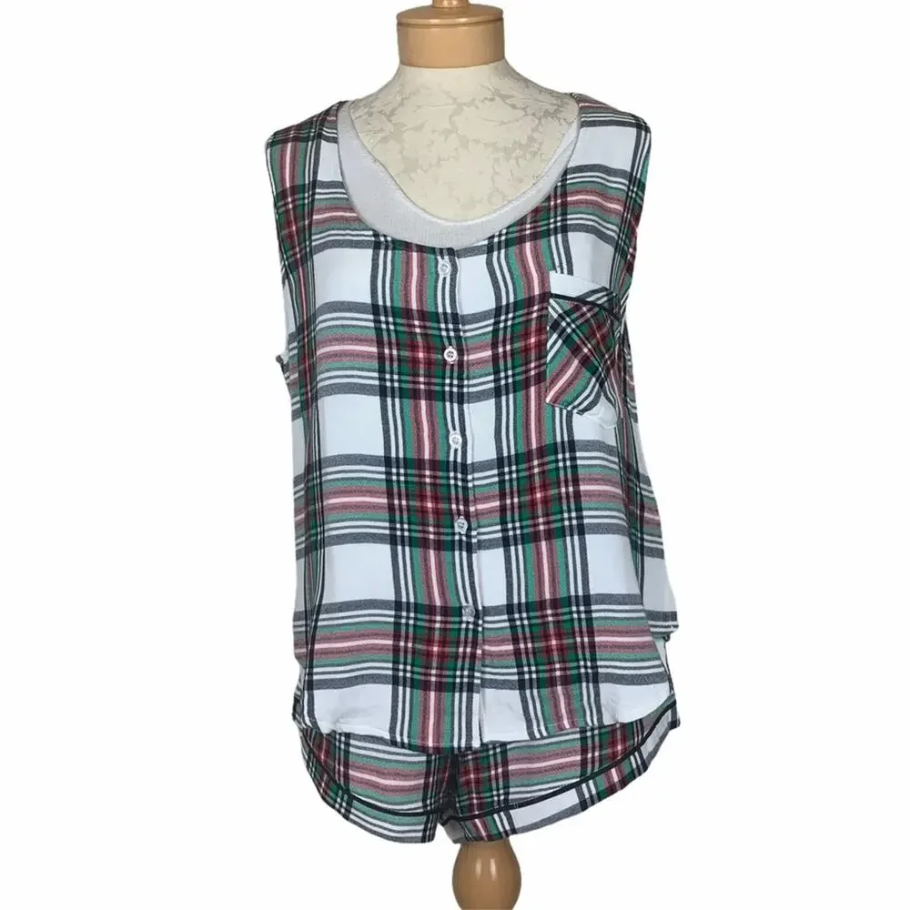 Plush Plaid Pajama Set White and Red Size Small